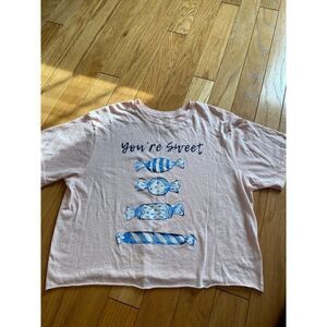 Pretty Rebel, women's pink "you're sweet" candy graphic cut hem cropped top lrg